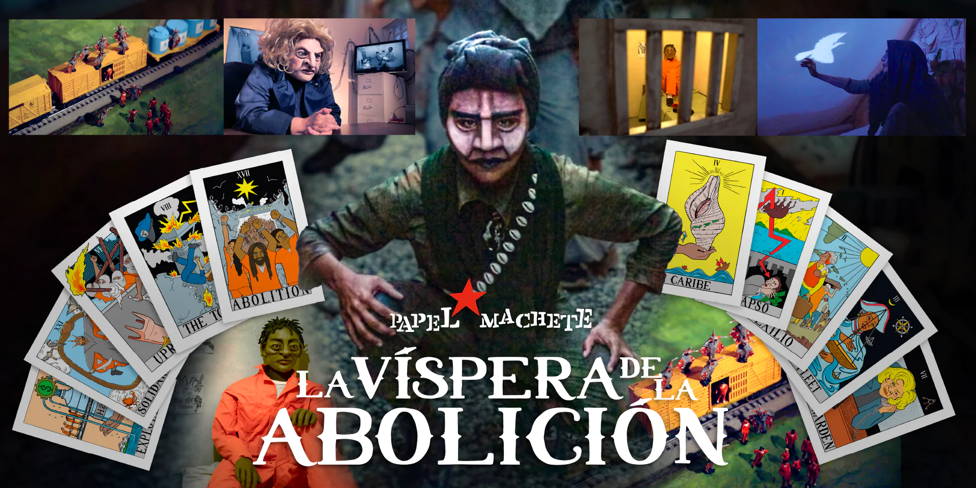 Promotional graphic image for On the Eve of Abolition. A masked character is crouching on the ground. Tarot cards and fanned out around her. Above her are move images from the play including a still from a stop motion film, The Warden masked character, a life-size puppet of a prisoner, and the same masked character in a tent with a shadow of a bird resting on her hand. 